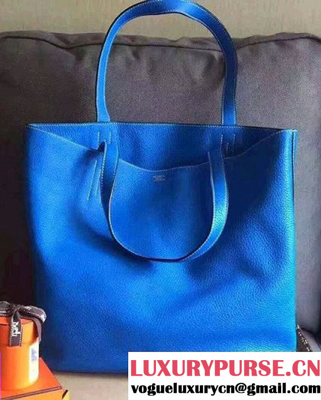 Hermes Double Sens Shopping Tote Bag In Original Togo Leather Blue