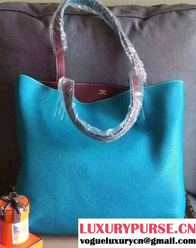 Hermes Double Sens Shopping Tote Bag In Original Togo Leather Light Blue/Dark Brown