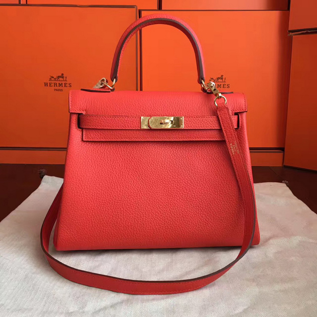 Hermes Kelly 28cm Bag Orange Taurillon Clemence Leather