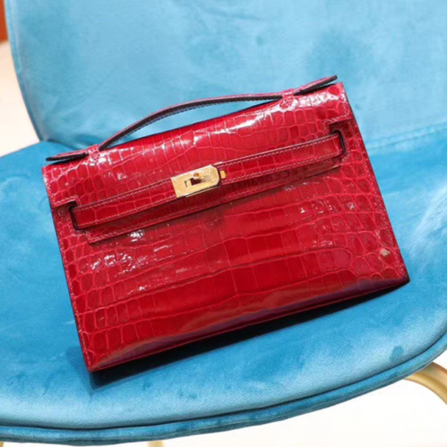 Hermes Mini Kelly KP Pochette 22cm Alligator Crocodile Skin Bag Handstitched Palladium Hardware Red