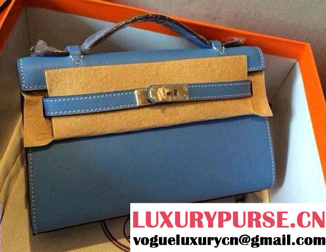 Hermes Kelly 22 Epsom Leather Clutch Bag Coral Blue