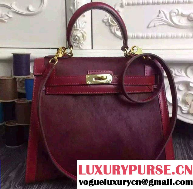 Hermes Kelly 25/28 Pony Hair And Box Leather Bag Burgundy 2015/2016