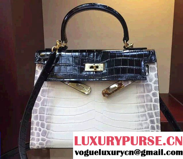 Hermes Kelly 28cm Crocodile Pattern Leather Bag Black/White 2016