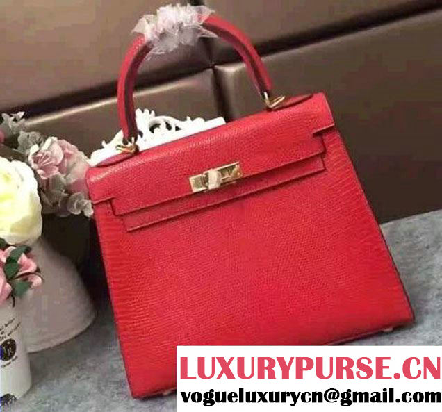 Hermes Lizard Leather Kelly 25/28/32 Bag Red 2016