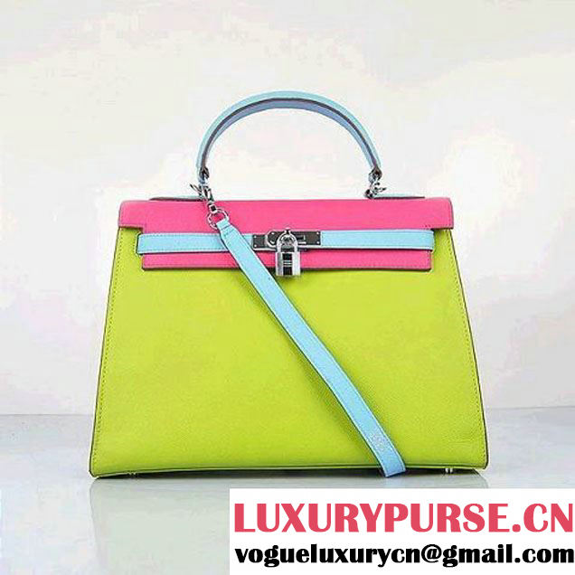 Hermes Kelly 32CM Bags Calf Leather Green-Blue-Rosy Silver