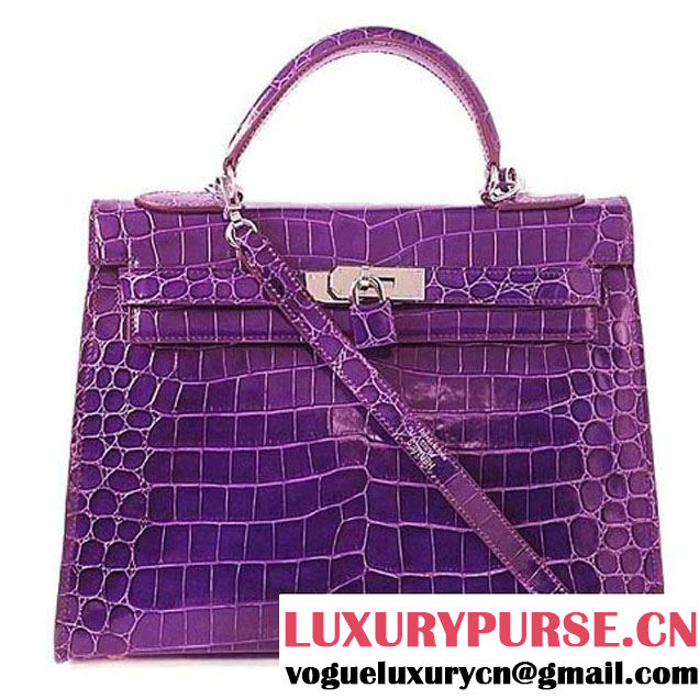 Hermes Kelly 32cm Top Handle Bag Purple Croco Leather Silver