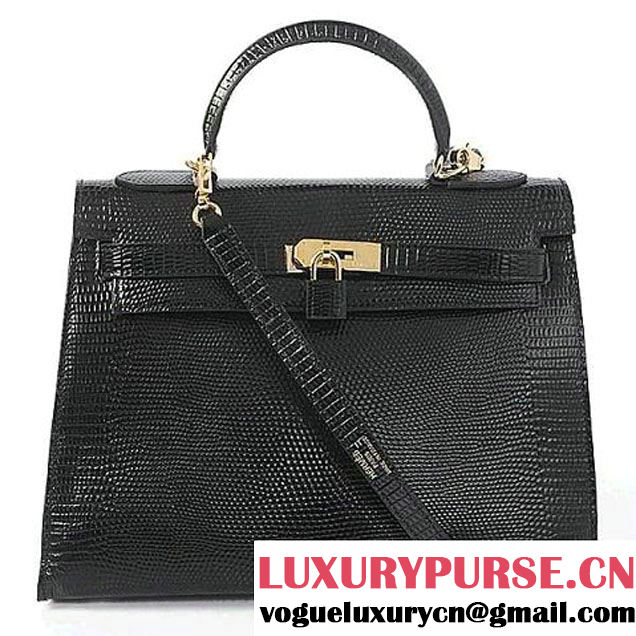 Hermes Kelly 32cm Top Handle Bag Black Lizard Leather Gold