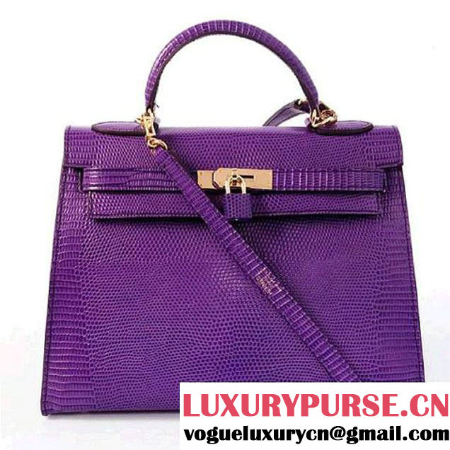 Hermes Kelly 32cm Top Handle Bag Purple Lizard Leather Gold