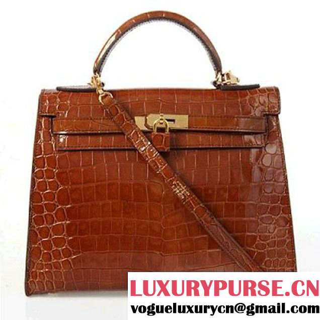 Hermes Kelly 32cm Top Handle Bag Brown Croco Leather Gold