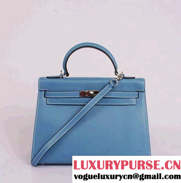 Hermes Kelly 32cm Top Handle Bag Blue Togo Leather Silver