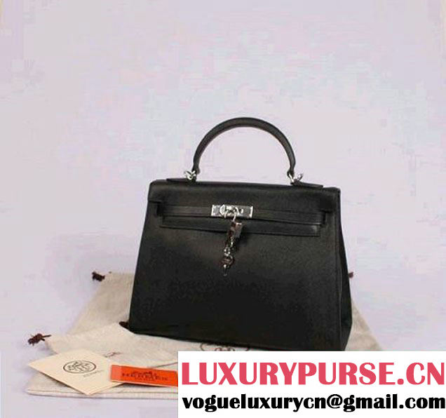 Hermes Kelly 32cm Top Handle Bag Black Togo Leather Silver