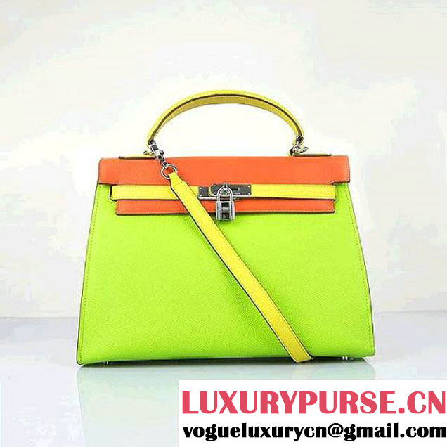 Hermes Kelly 32CM Bags Calf Leather Green-Orange-Yellow Silver