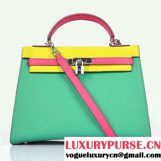 Hermes Kelly 32CM Bags Calf Leather Green-Yellow-Rosy Silver