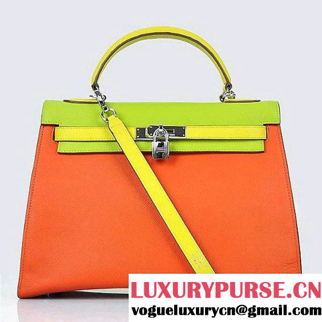 Hermes Kelly 32CM Bags Calf Leather Orange-Green-Yellow Silver