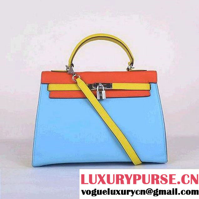 Hot products Hermes Kelly 32CM Bags Calf Leather Blue-Orange-Yellow Silver