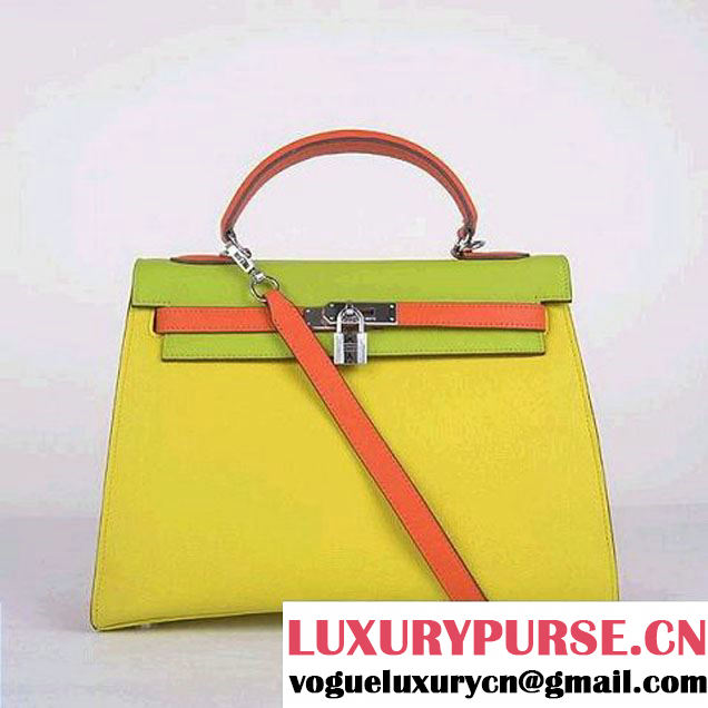 Hermes Kelly 32CM Bags Calf Leather Yellow-Green-Green Silver