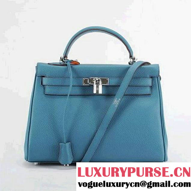 Hermes Kelly 32cm Togo Leather Handbags 6018 Blue Silver