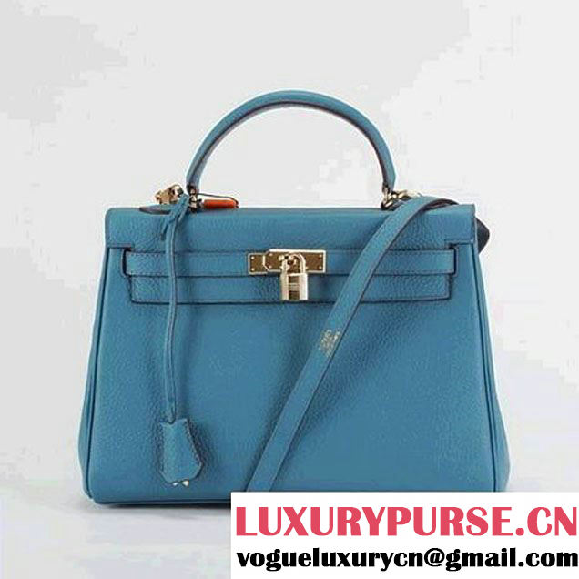 Hermes Kelly 32cm Togo Leather Handbags 6018 Blue Golden