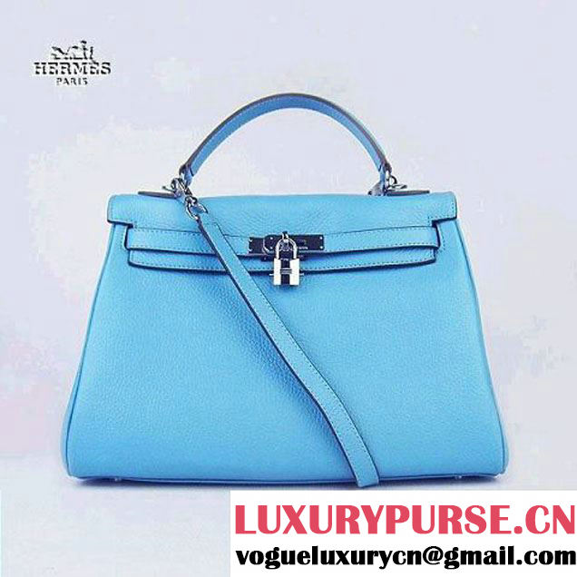 Hermes Kelly 32cm Togo Leather Bag Light Blue 6108 Silver Hardware