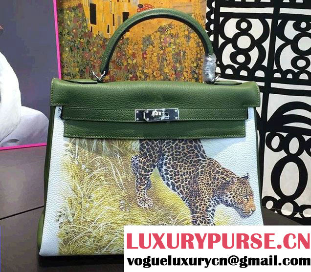 Hermes Kelly 32cm Bag in Original Leather Cheetah Green 2016