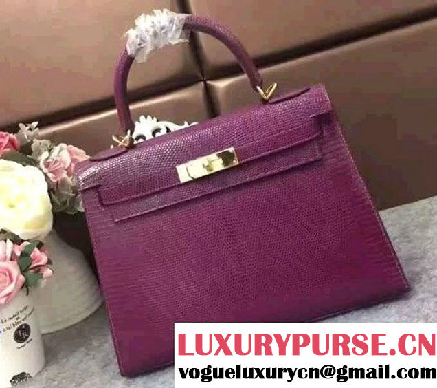 Hermes Lizard Leather Kelly 25/28/32 Bag Purple 2016