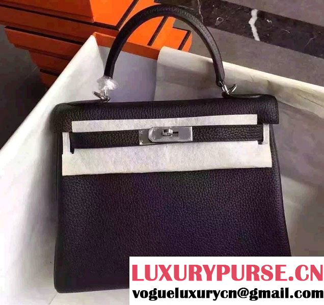 Hermes Kelly 28cm/32cm Bag in Original Togo Leather Black/Silver