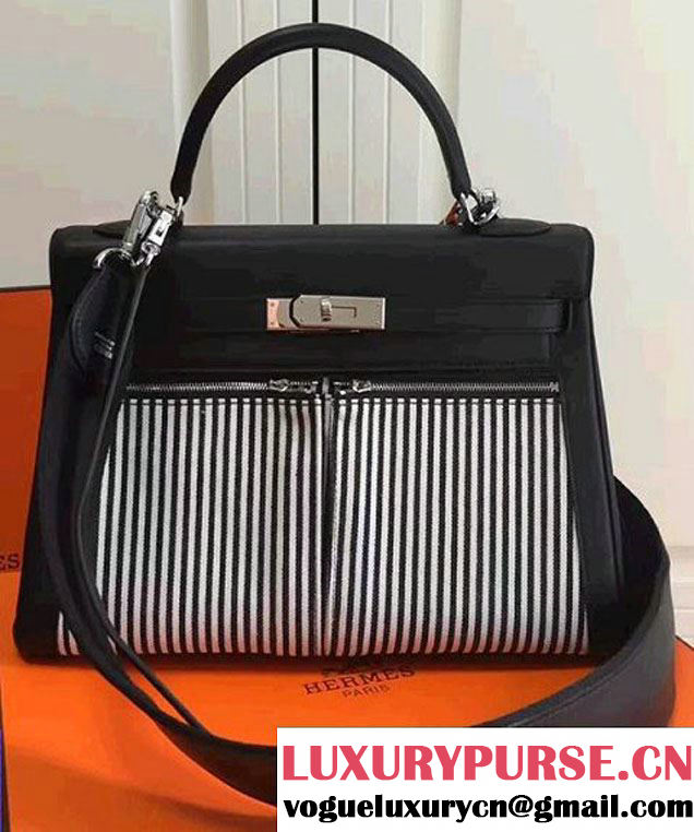 Hermes Kelly Lakis 32cm Bag in Original Canvas Swift Leather Striped Black