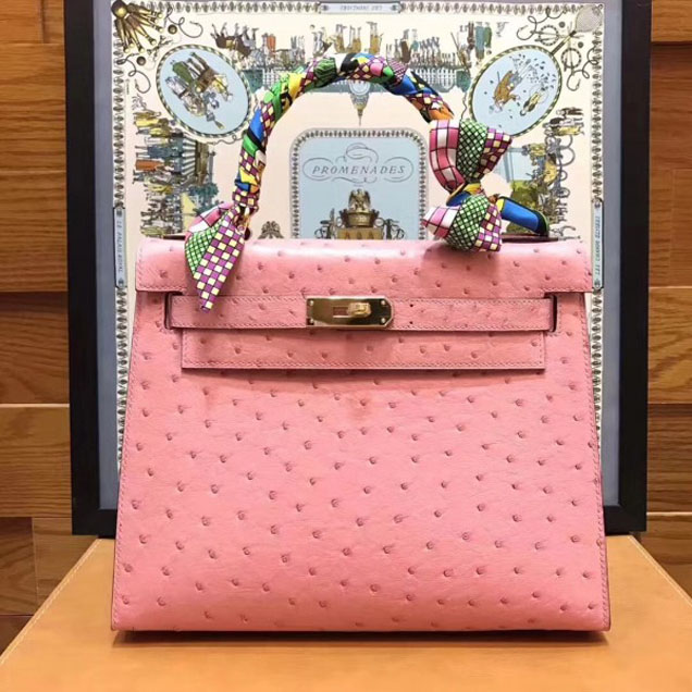 Hermes Original Ostrich Leather Kelly 25cm/28cm Pink Collection