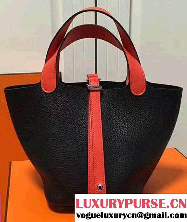 Hermes Original Togo Leather Picotin Lock PM/MM Bag Black/Orange