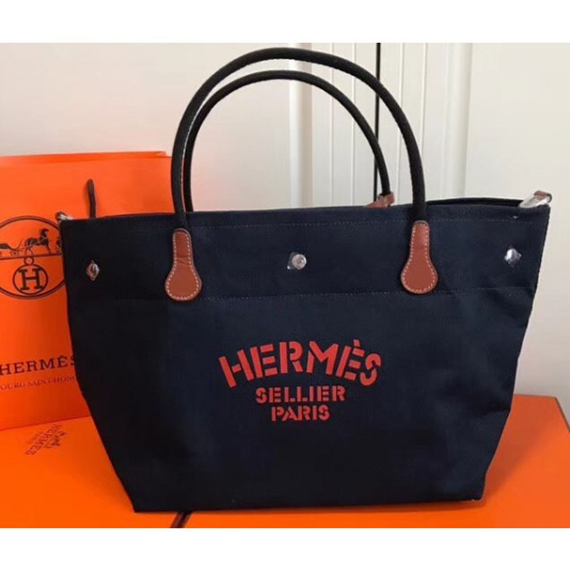 Hermes Fourre-Tout Du Vintage Cavalier Canvas Tote Bag Navy Blue 2018