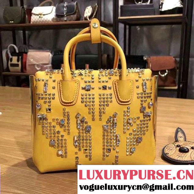 MCM Studs and Crystal Calfskin Milla Mini Tote Yellow 2017 (3B031-7061908 )