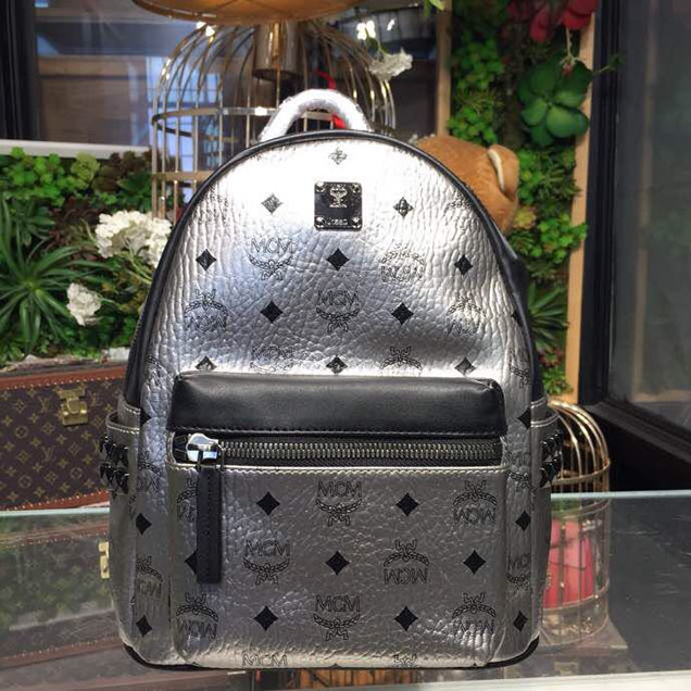 MCM Studded Backpack 24cm Calfskin Leather Spring Summer 2018 Collection Silver