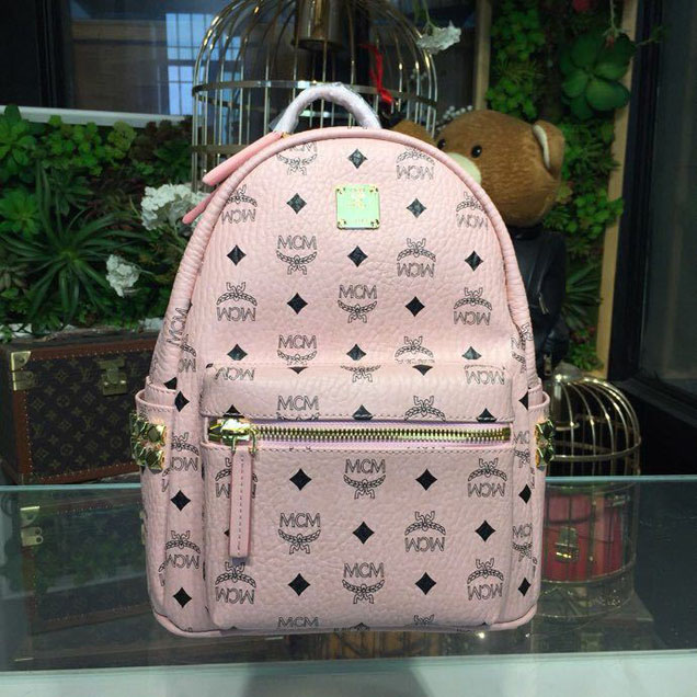 MCM Studded Backpack 24cm Calfskin Leather Spring Summer 2018 Collection Light Pink