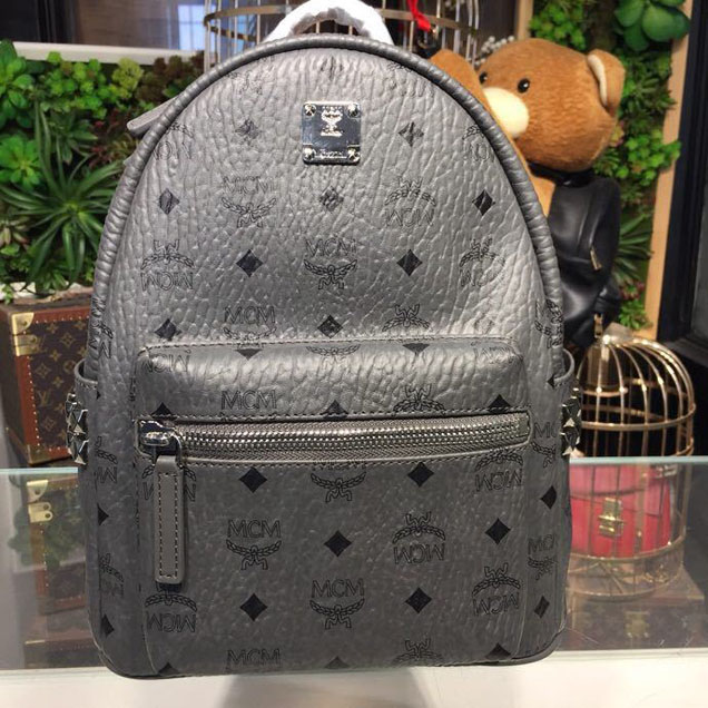 MCM Studded Backpack 24cm Calfskin Leather Spring Summer 2018 Collection Dark Grey