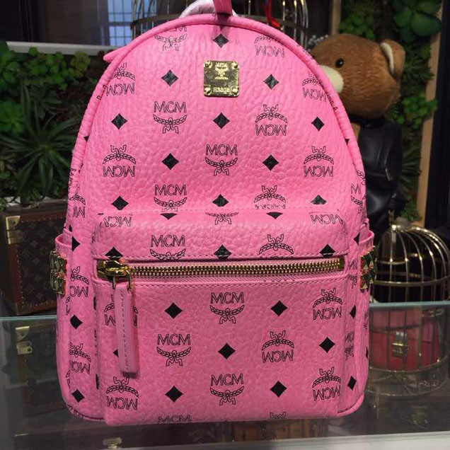 MCM Studded Backpack 24cm Calfskin Leather Spring Summer 2018 Collection Pink