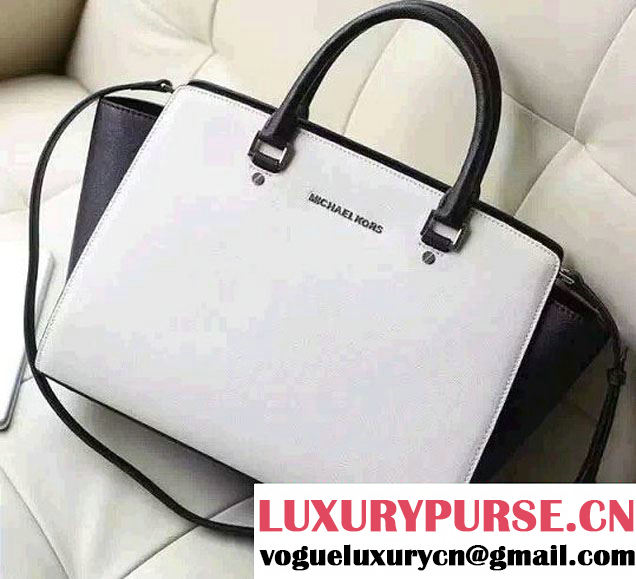 Michael Kors Selma Saffiano Leather Satchel Tote Bag White/Black 2015