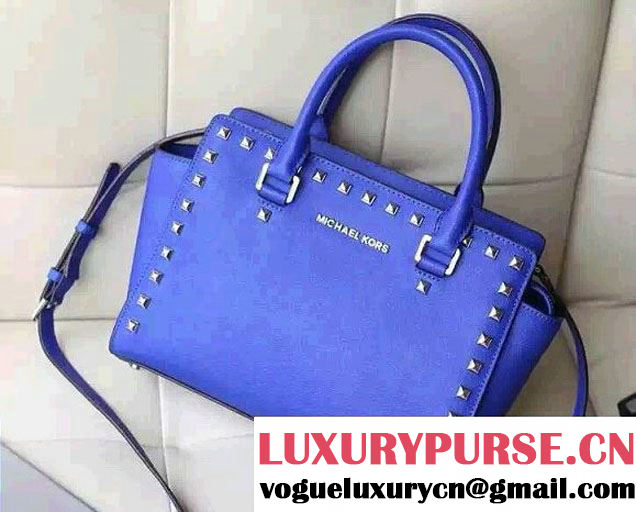 Michael Kors Selma Studded Saffiano Leather Satchel Tote Bag Blue 2015