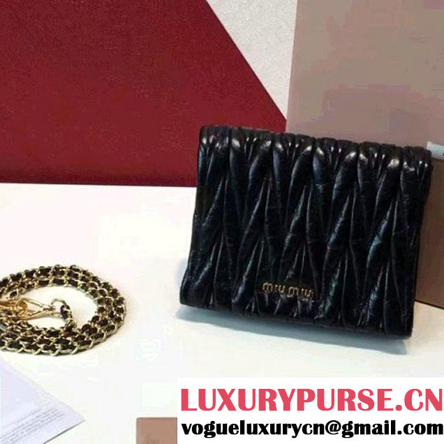 Miu Miu RT0530 Wax Leather Flap Wallet With Chain Shoulder Bag Black (2A098-6070813 )