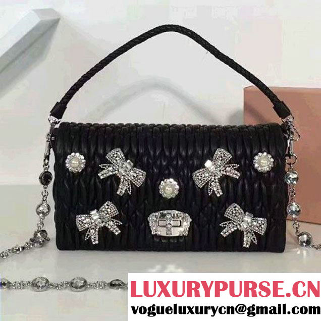 Miu Miu Bow Crystal & Pearl Matelasse Nappa Leather Shoulder Bag 5BD417 Black 2017 (2A137-7020517 )