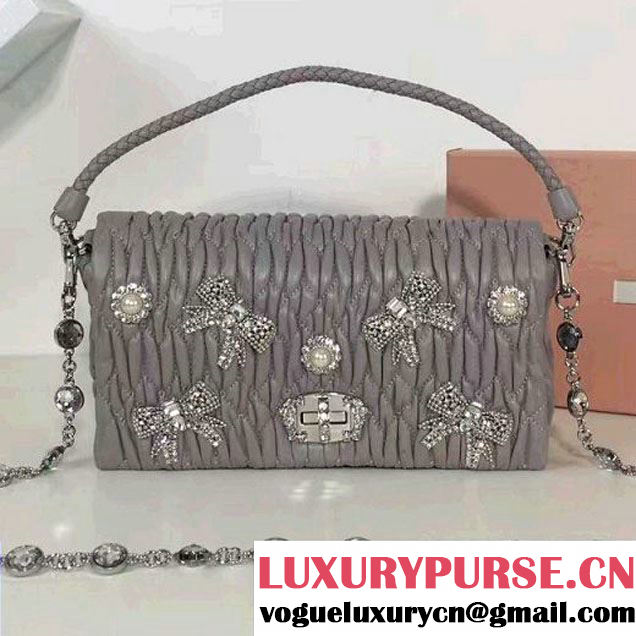 Miu Miu Bow Crystal & Pearl Matelasse Nappa Leather Shoulder Bag 5BD417 Gray 2017 (2A137-7020518 )