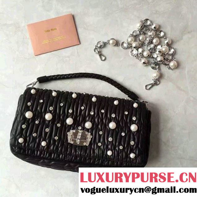 Miu Miu Crystal & Pearl Matelasse Nappa Leather Shoulder Bag 5BD417 Black 2017 (JD-7020520 )