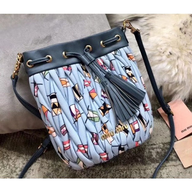 Miu Miu Matelassé Faille Drawstring Bucket Bag 5BE014 Light Blue 2018