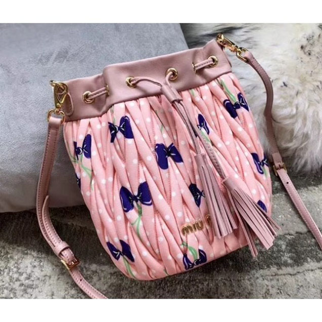 Miu Miu Matelassé Faille Drawstring Bucket Bag 5BE014 Light Pink 2018