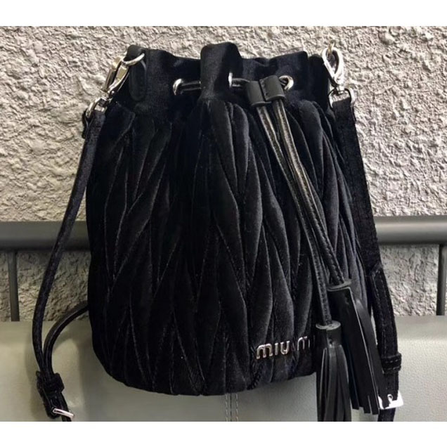 Miu Miu Matelassé Velvet Drawstring Bucket Bag 5BE014 Black 2018