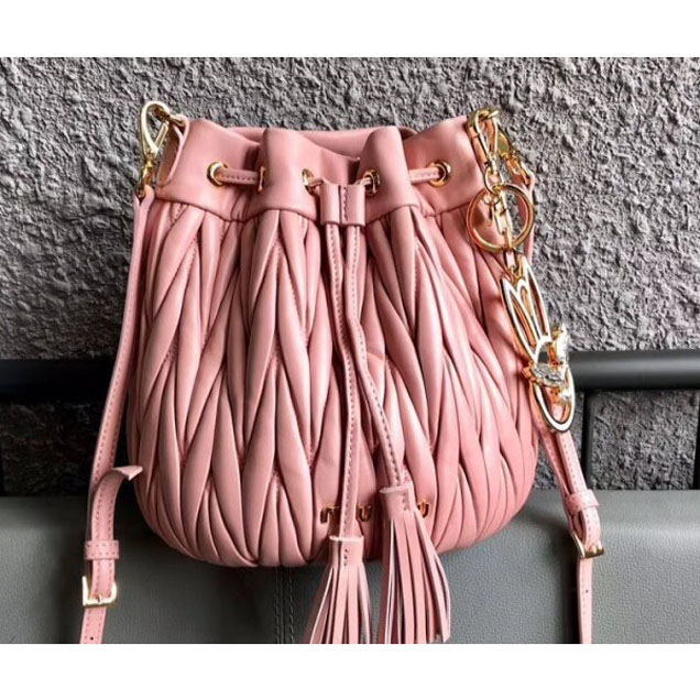 Miu Miu Matelassé Nappa Leather Drawstring Bucket Bag 5BE014 Pink 2018