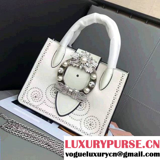 Miu Miu Studded Goatskin Top Handal Bag With Jeweled Buckle 5BA043 White 2017 (JD-7042209 )