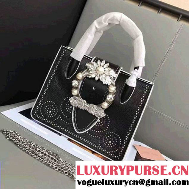 Miu Miu Studded Goatskin Top Handal Bag With Jeweled Buckle 5BA043 Black/White 2017 (JD-7042212 )