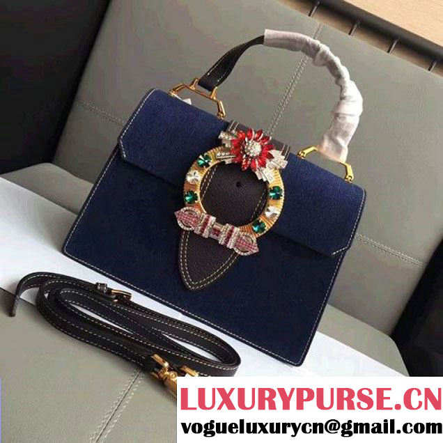 Miu Miu Goat Leather and Denim Jeweled Buckle Top Handle Bag 5BH1108 2016 (JD-7042635 )