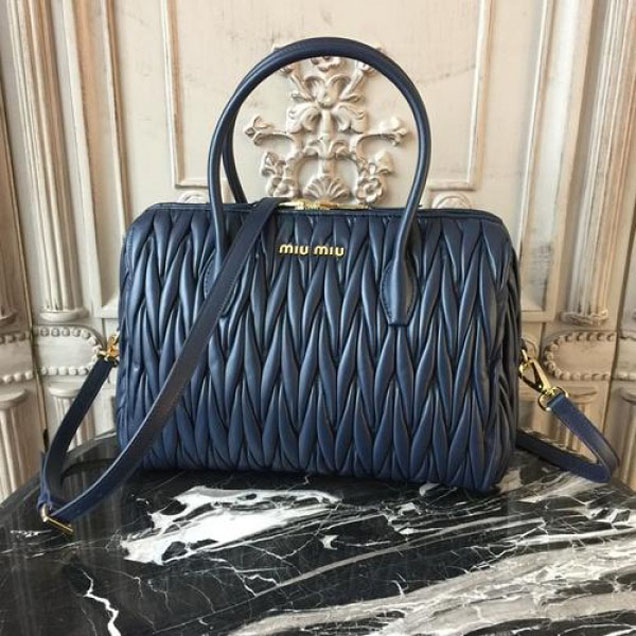 Miu Miu Top Handle Satchel Bag 5BB033 with Gold Hardware Matelass Calfskin Leather Spring/Summer 2018 Collection, Midnight Blue