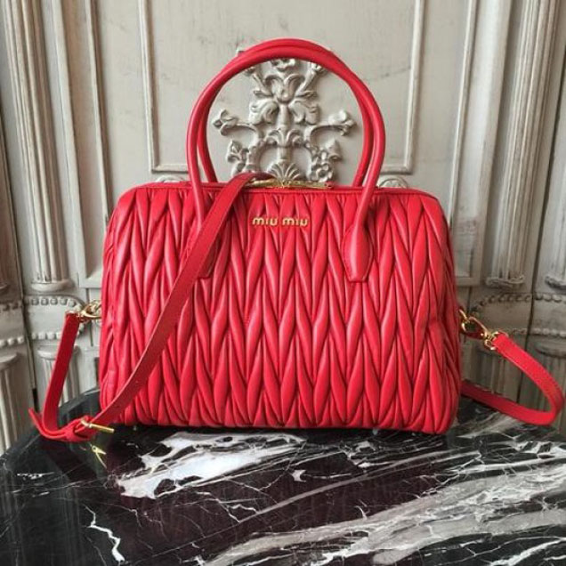 Miu Miu Top Handle Satchel Bag 5BB033 with Gold Hardware Matelass Calfskin Leather Spring/Summer 2018 Collection, Red